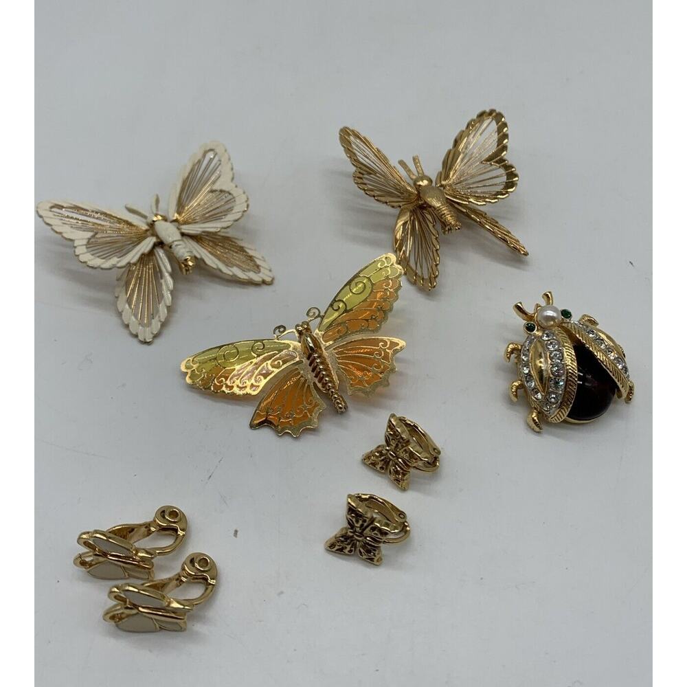 Vtg Lot Butterfly Beetle Insect Brooches And Earrings Monet Menagerie Avon Read